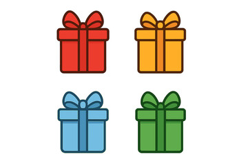 Gift box vector icon set. Colorful present boxes collection with ribbon. Flat cartoon illustration for birthday, holiday, christmas celebration. Isolated graphic element.