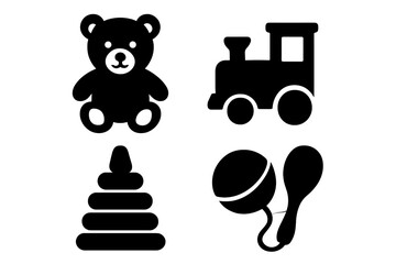 Children's toys icon set. Black silhouette collection of baby playthings. Vector graphic of teddy bear, train, pyramid, and rattle. Simple minimal design for childhood.