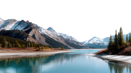 Scenic Mountain Lake: A breathtaking panorama of a serene mountain lake mirrors the snow-capped peaks, surrounded by lush evergreen trees and a crisp, expansive sky, evoking tranquility.