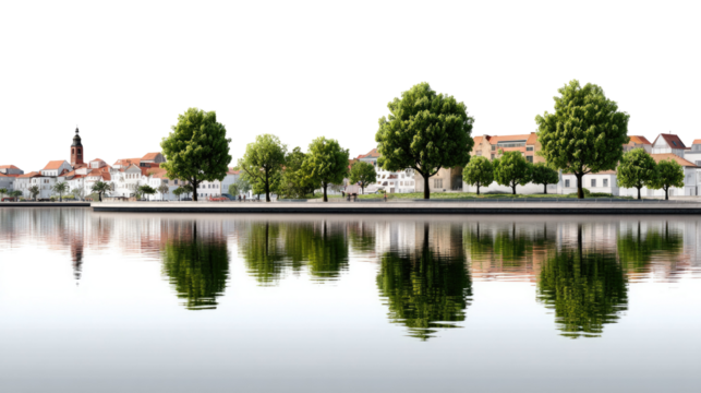 Serene Waterside: A picturesque waterside landscape showcasing lush green trees and a charming town reflected in calm waters. 