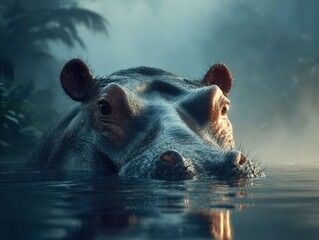 Fototapeta premium Hippo swimming in a misty waterway at dawn