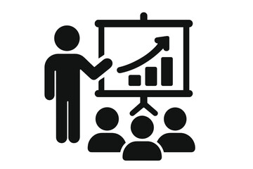 Business presentation growth icon, silhouette businessman teaching audience with rising graph, success progress chart, leadership training, corporate meeting infographic vector illustration