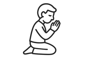 Cartoon kneeling boy praying icon. Flat vector outline illustration. Child spiritual meditation, hope, faith, religion, worship, humility, gratitude. Transparent isolated stock character graphic.