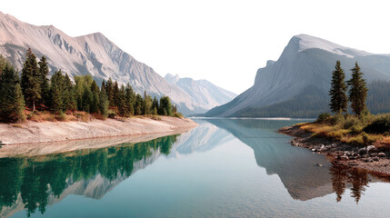 Serene Mountain Vista: A captivating landscape presents a tranquil lake nestled at the foot of majestic mountains, the pristine waters reflecting the dramatic scenery of nature. 