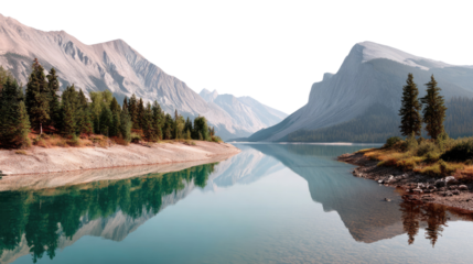 Serene Mountain Vista: A captivating landscape presents a tranquil lake nestled at the foot of majestic mountains, the pristine waters reflecting the dramatic scenery of nature. 