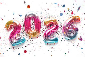 2026 made from balloons and confetti. Happy New Year
