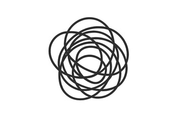Tangled scribble, black outline abstract scrawl, random messy swirl lines, confusion disorder concept, vector cartoon illustration, isolated symbol, transparent background, chaotic circular form