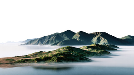 Mountain Landscape in Mist: Serene mountain range emerging from a sea of ethereal mist, painting a tranquil picture of natural beauty with its peaks gently kissed by sunlight.