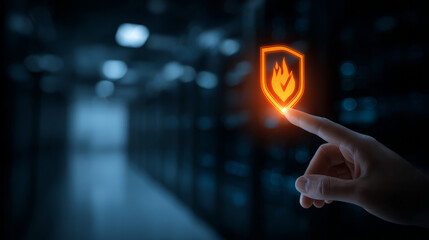 Hand touching firewall security icon with data center background.