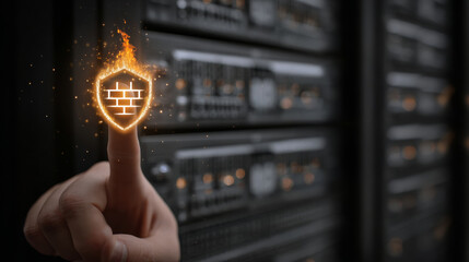 Person activating firewall icon in data center with finger.