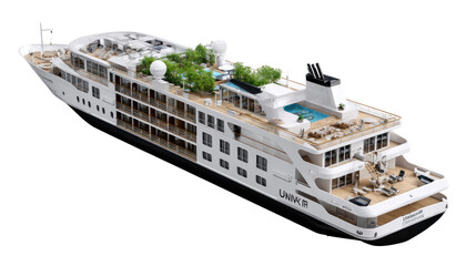 Luxury Liner at Sea: A stunning luxury cruise ship, sleek and modern, sails on the open ocean, offering a promise of opulent travel. Escape into the high seas!