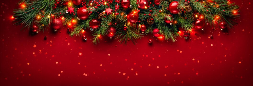 Christmas red ball with fir branches on festive background.