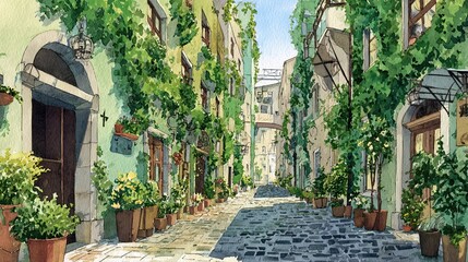 Obraz premium A charming, vine-covered street lined with potted plants, showcasing a picturesque, serene atmosphere.