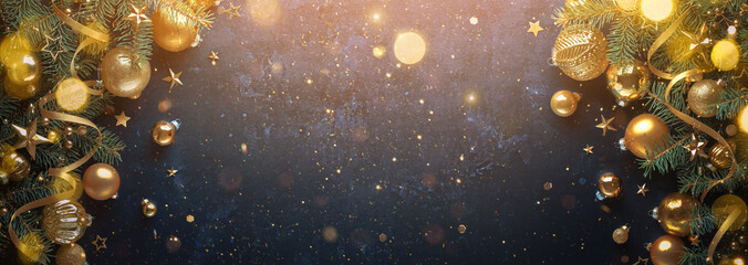 Christmas decorative background.festive balls of gold, fir branches.