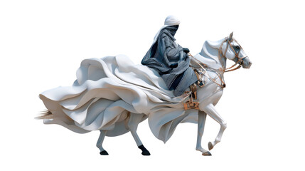 Arabian Horse Rider: An Arab rider, draped in flowing fabric, gracefully guides a majestic white Arabian horse across a canvas of sky. The image radiates the strength.