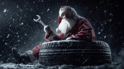 Santa Claus holding wrench and sitting on snowy car tire.