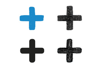 Fototapeta premium Plus sign crayon stroke set. Hand-drawn charcoal doodle collection. Vector cross shape. Grunge chalk texture add icon. Positive symbol pack. Math, healthcare, first aid element.