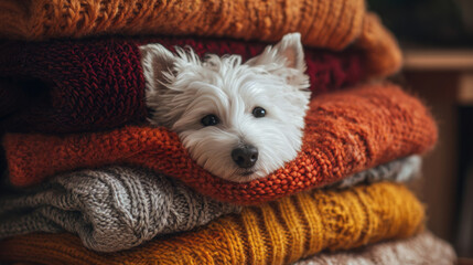 Small cute white dog resting in a stack of colorful knitted sweaters.