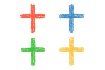 Obraz premium Hand-drawn plus sign collection. Colorful crayon and charcoal doodle sketch. Vector set of red, blue, green, yellow positive math symbols, cross icons or vote checkmarks.