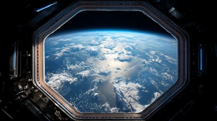 Earth view from spacecraft window; looking at ocean, clouds, space. Illustration, education, research use