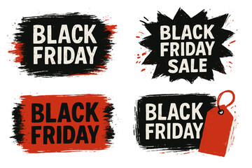 Black Friday sale banner collection. Grunge texture brush stroke style for promotion. Vector graphic element set with transparent background. Discount tag and stamp design.