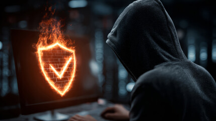 Hacker in hoodie facing flaming digital firewall icon on screen.