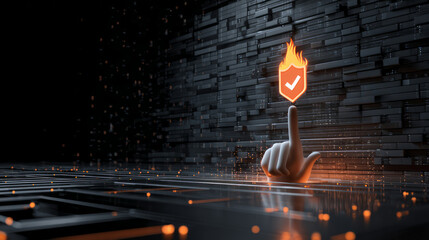 Hand pointing at glowing firewall shield icon in digital space.