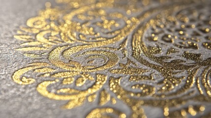 Closeup of gold hot foil stamping creating intricate shiny design elements with blurred background enhancing the metallic texture and luxury finish.