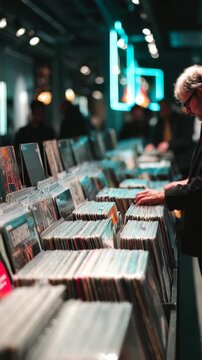 Rows of vinyl records are displayed in a trendy record shop as a man searches for music, evoking retro vibes. The scene captures the resurgence of analog music and urban lifestyle trends