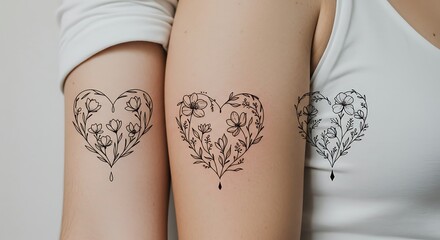 Three floral heart tattoos symbolizing connection, love and relationships