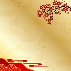 Gold background with red and gold cherry blossoms and clouds