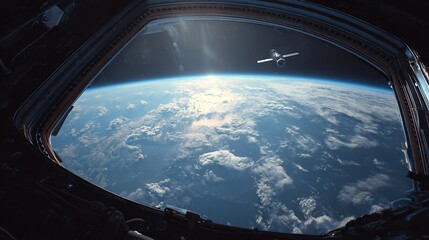Fototapeta premium Space station window view of Earth with a spacecraft in the background; for science articles