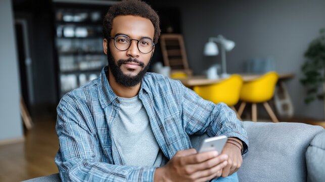 Man sitting on a couch in a modern living area while holding a smartphone and looking directly at the camera