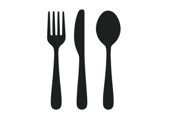 Cutlery icon set with fork, knife, and spoon. Black silhouette tableware for a restaurant menu logotype. Simple flat vector illustration for food, dining, and eating concepts.