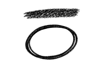 Set of hand-drawn crayon strokes and charcoal shapes. Grunge textured doodle elements. Black chalk or pastel scribble, brush mark, and oval frame for graphic design. Vector illustration.