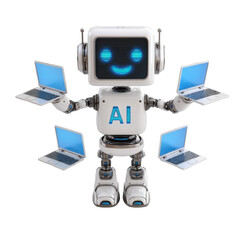 Friendly AI Robot with Laptops on Transparent Background