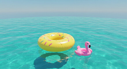 Naklejka premium Joyful summer day with inflatable donut and flamingo floating on crystal clear turquoise water