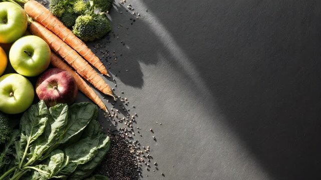 Produce on slate, dark moody food flatlay, left side crop