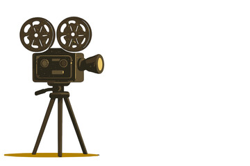 Vintage movie camera on tripod. Retro film projector for cinema and filmmaking. Old-fashioned cinematography equipment. Classic entertainment industry symbol vector illustration.