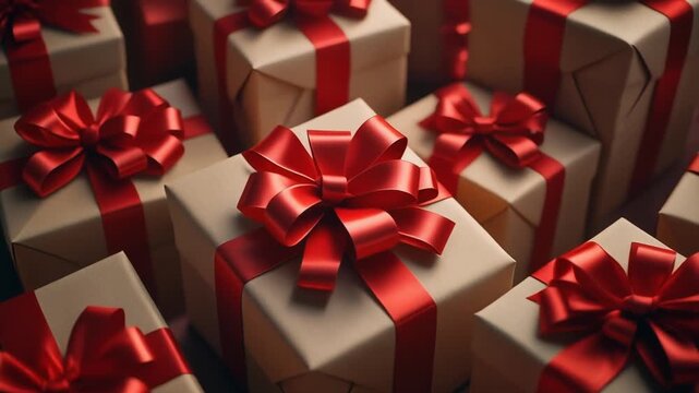 Elegant gift boxes adorned with vibrant red ribbons and bows for celebrations.