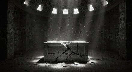 Ancient Cracked Altar in Sunlit Ruined Temple