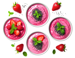Four bowls of pink smoothie topped with berries and seeds