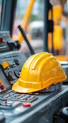 Fototapeta premium A close-up of a yellow hard hat resting on a control panel, hinting at construction or heavy machinery work in a vibrant environment.