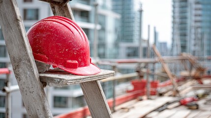 A red hard hat rests on a wooden ladder at a construction site, with modern buildings visible in the background.
