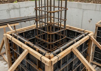 Framework for a reinforced concrete pillar demonstrating construction process