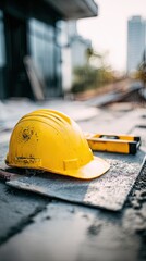 A yellow hard hat rests on a construction site, symbolizing safety and the building industry amidst a blurred urban backdrop.