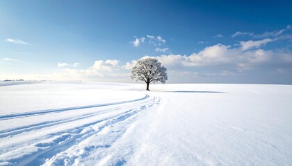 Snowy field, solitary tree