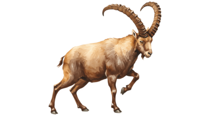 Side view of majestic markhor with long twisted horns isolated on white background. Wild goat species portrait, endangered animal of Himalayas and Pakistan, wildlife photography, nature conservation c