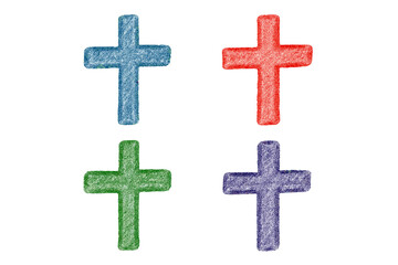 Obraz premium Christian cross collection. Crayon pencil sketch texture. Hand drawn vector illustration set. Religious symbol for faith, crucifix, Jesus, Easter and church design concepts.