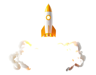 A stylized rocket launching amidst smoke